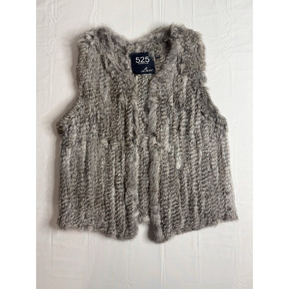 525 America Luxe Women Real Rabbit Fur Open Front Casual Knitted Vest Sz S Gray